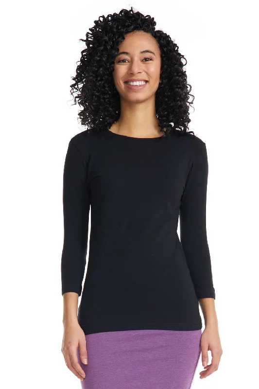 Black 3/4 Sleeve Snug Fit Layering Cotton T-Shirt Top for Women-- Beaded Sequined Faux Fur
