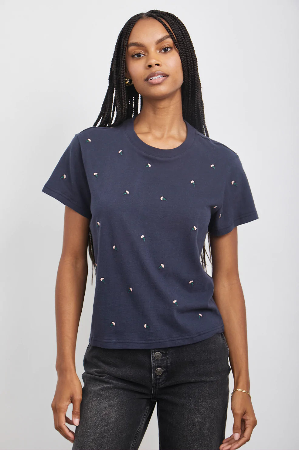 THE CLASSIC CREW T-SHIRT - NAVY BUDS-- Striped Floral Plaid