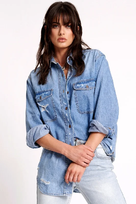 ONE TEASPOON Womens Pacifica Classic Everyday Denim Shirt-- Spandex Blend Rayon Blend Denim Blend