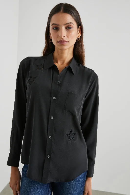 KATE SHIRT - BLACK EYELET STARS-- Zippered Front Buttoned Front Snap Front