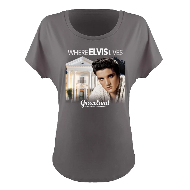 Where Elvis Lives Women's  Dolman T-Shirt-- Elasticated Padded Insulated