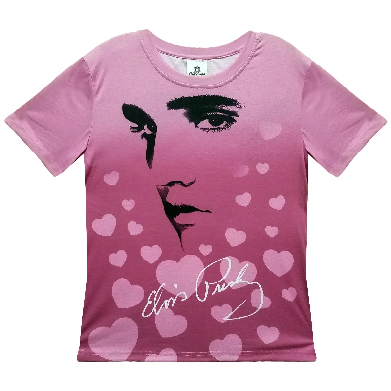 Elvis Presley Hearts Profile Women's Sublimated T-Shirt-- Mesh Canvas Denim