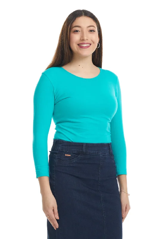 Turquoise 3/4 Sleeve Snug Fit Cotton Boat Neck Layering Shirt for Women-- Houndstooth Herringbone Solid
