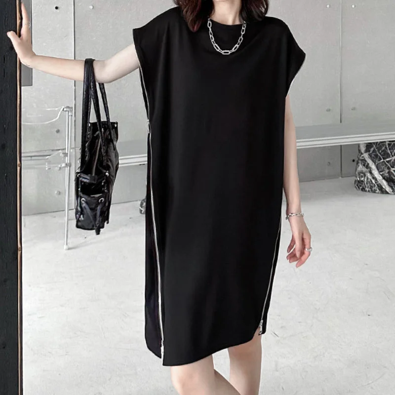Side Zip Short Sleeve T-Shirt Dress-- Satin Fabric Silk Fabric Chiffon Fabric