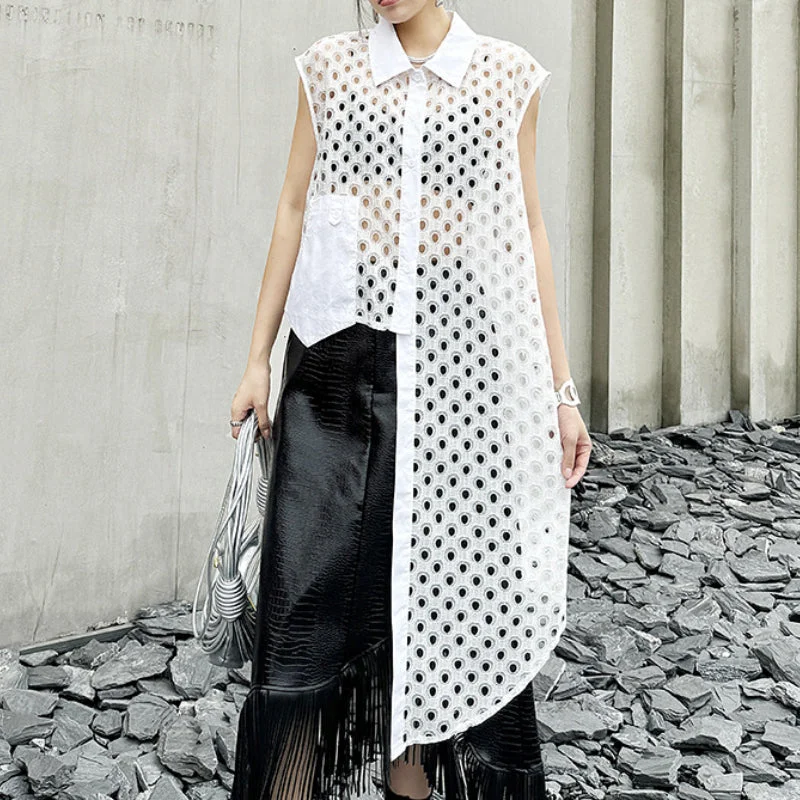Perspective Grid Irregular Sleeveless Shirt-- Front Pockets Side Pockets Patch Pockets