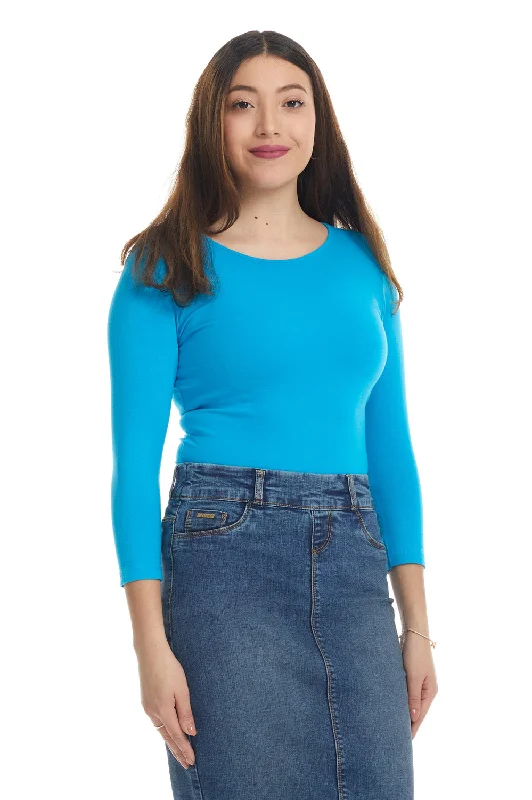 Ocean Blue 3/4 Sleeve Snug Fit Cotton Boat Neck Layering Shirt for Women-- Hooded Caped Shawl Collar