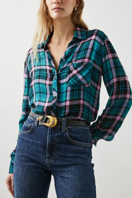HUNTER SHIRT - AQUA LILAC-- Notch Collar Peter Pan Collar Cowl Neck