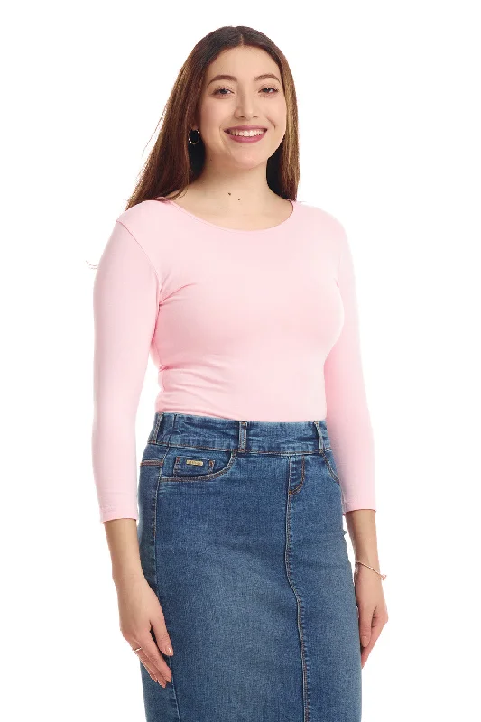 Pink 3/4 Sleeve Snug Fit Cotton Boat Neck Layering Shirt for Women-- Print Jacquard Patchwork