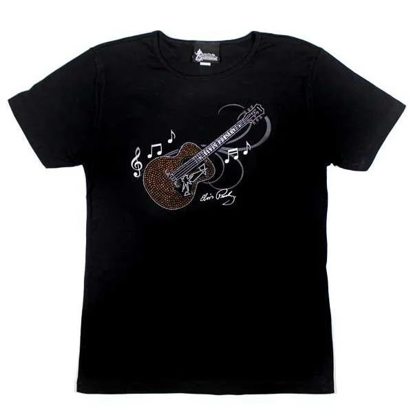 Rhinestone Elvis Guitar Women's T-Shirt-- Silk Blend Satin Velvet