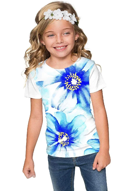 Aurora Zoe Blue Floral Print Cute Designer T-Shirt - Girls-- Print Jacquard Patchwork