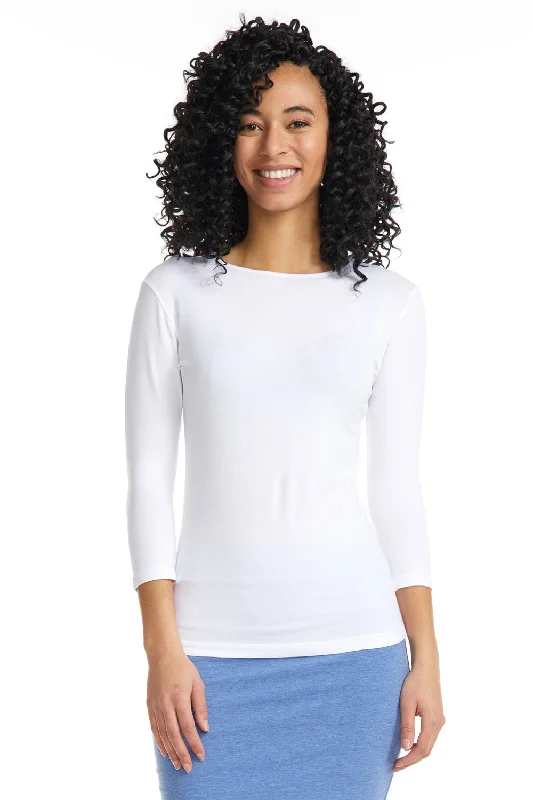 White 3/4 Sleeve Snug Fit Layering Cotton T-Shirt Top for Women-- Striped Floral Plaid