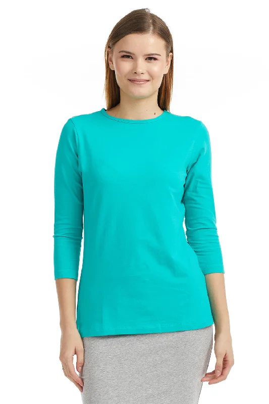Turquoise 3/4 Sleeve Relaxed Fit Crewneck T-Shirt for Women-- Welt Pockets Slit Pockets Turquoise 3/4 Sleeve Relaxed Fit Crewneck T-Shirt for Women-- Welt Pockets Slit Pockets