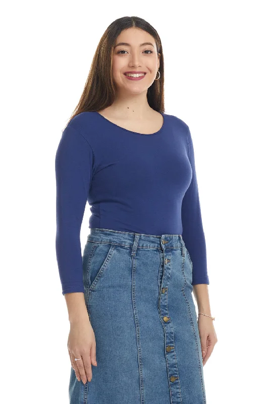 Navy Blue 3/4 Sleeve Snug Fit Cotton Boat Neck Layering Shirt for Women-- Embroidered Appliqued Beaded