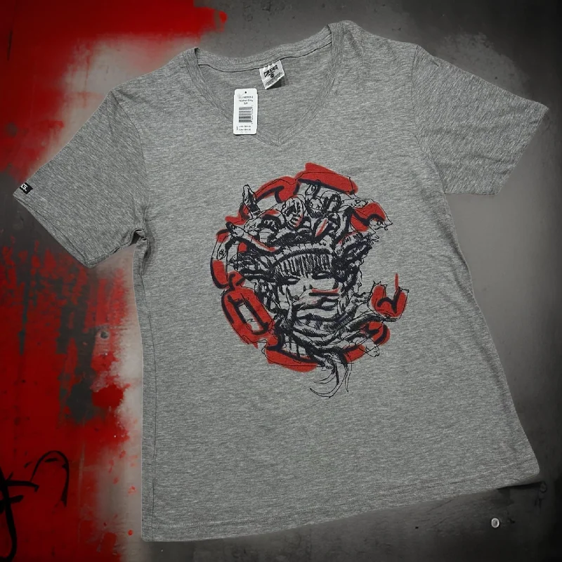 *CROOKS & CASTLES* (GREY) ~BANDUSA CHAIN~ WOMEN’S T-SHIRT-- Notch Collar Peter Pan Collar Cowl Neck