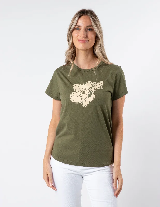 Stella & Gemma  T SHIRT Khaki Petal Garden-- Silk Blend Satin Velvet