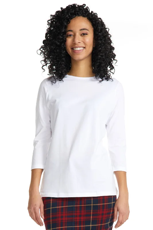 White 3/4 Sleeve Relaxed Fit Crewneck Cotton Layering T-Shirt-- Lace Blend Ribbed Blend Corduroy Blend
