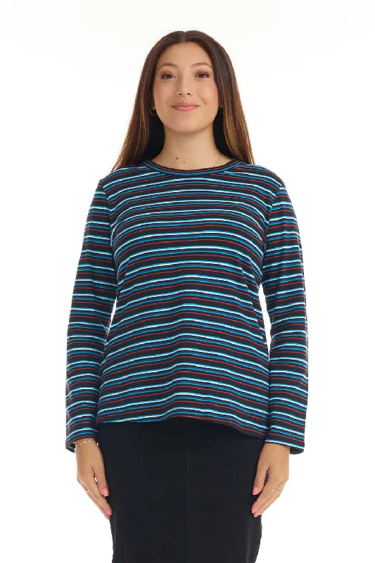 Black, Red and blue Striped Long Sleeve Cotton T-shirt Top for Women'B585'-- Embroidered Appliqued Beaded