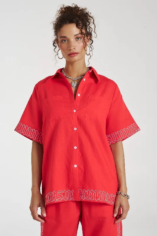 SUMMI SUMMI Womens Sig Linen Shirt - Scarlet Summi-- Rayon Fabric Velvet Fabric Corduroy Fabric