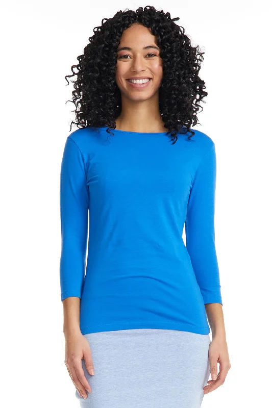 Blue 3/4 Sleeve Snug Fit Layering Cotton T-Shirt Top for Women-- Asymmetrical Pockets Print Blue 3/4 Sleeve Snug Fit Layering Cotton T-Shirt Top for Women-- Asymmetrical Pockets Print