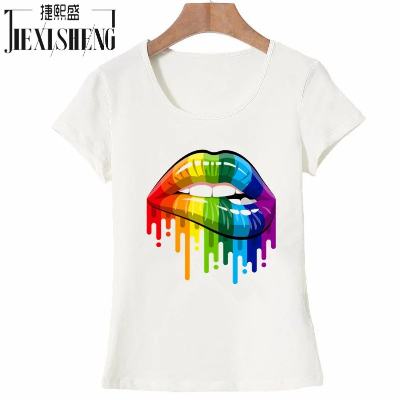 New women Summer Tops Tees Sexy Color Lips Painted T-Shirt-- Solid Color Striped Floral