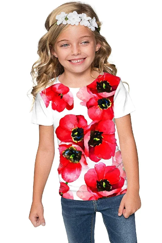 Tulip Salsa Zoe Red Floral Print Cute Designer T-Shirt - Girls-- Embroidered Appliqued Beaded