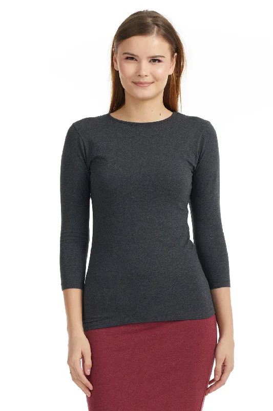 Charcoal 3/4 Sleeve Snug Fit Layering Cotton T-Shirt Top for Women-- Rayon Fabric Velvet Fabric Corduroy Fabric