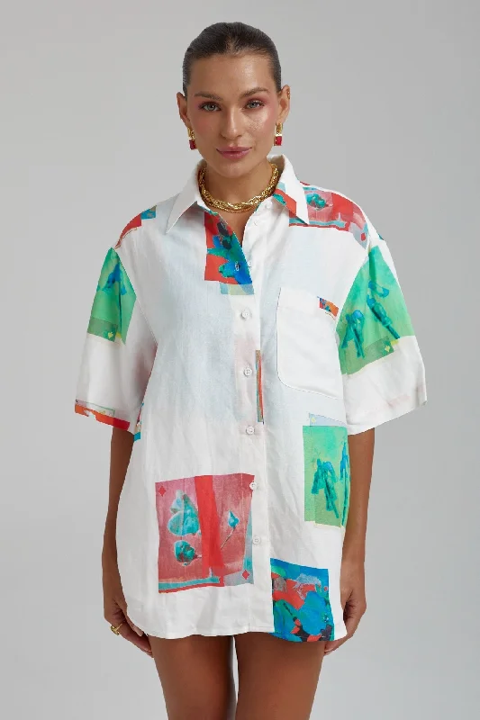 SUMMI SUMMI Womens Linen Big Shirt - Montage White-- Hooded Caped Shawl Collar