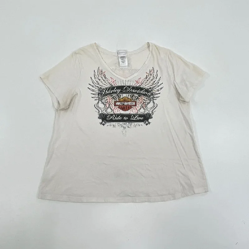 Women's Harley Davidson Off White V Neck Short Sleeve T-shirt - Size XL-- Spandex Blend Rayon Blend Denim Blend