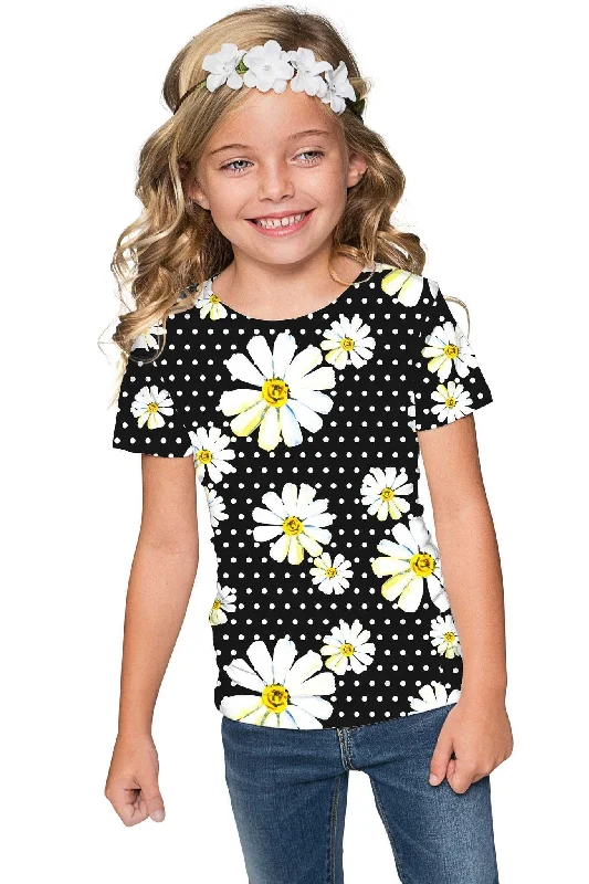 He Loves Me Zoe Black Daisy Floral Print Cute T-Shirt - Girls-- Front Pockets Side Pockets Patch Pockets