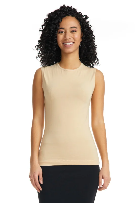 Tan Sleeveless Cotton Crewneck T-Shirt for Women-- Graphic T-Shirt Round Neck Polyester Tan Sleeveless Cotton Crewneck T-Shirt for Women-- Graphic T-Shirt Round Neck Polyester