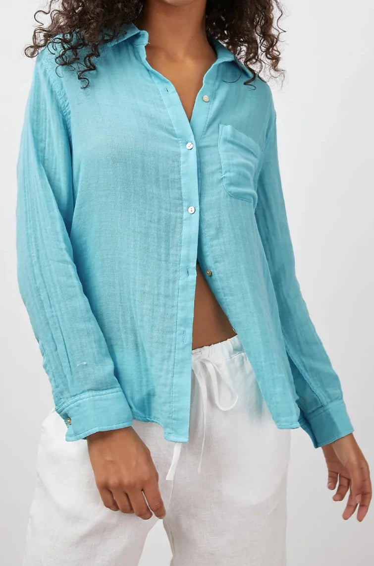 ELLIS SHIRT - AQUA-- Solid Print Embellished