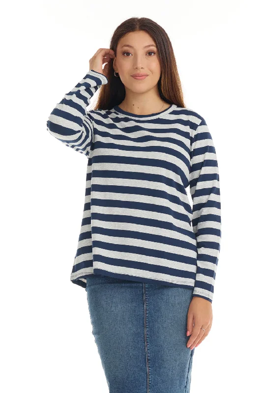 Navy and Grey Striped Long Sleeve Cotton T-shirt Top for Women 'B544'-- Ribbed Striped Patterned