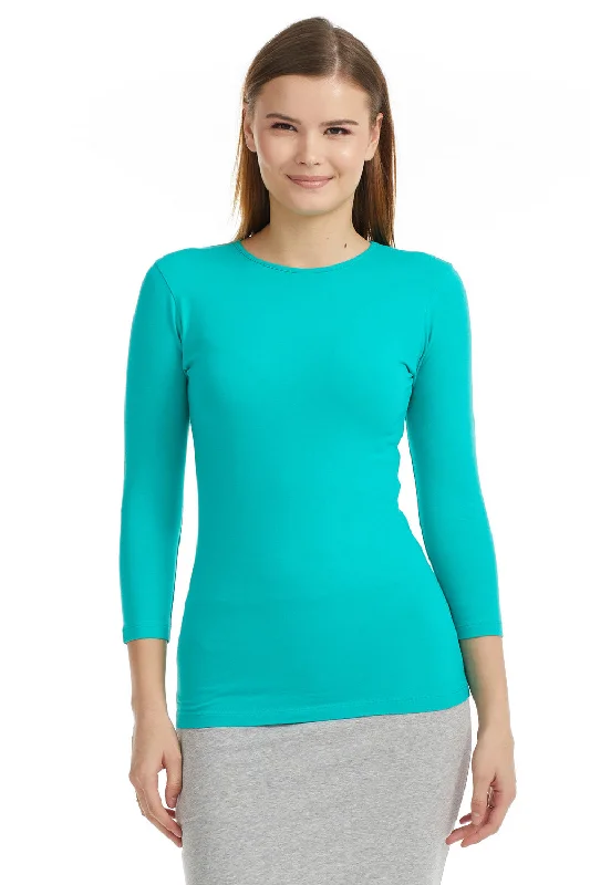Turquoise 3/4 Sleeve Snug Fit Layering Cotton T-Shirt Top for Women-- Oversized T-Shirt Spandex breathable Turquoise 3/4 Sleeve Snug Fit Layering Cotton T-Shirt Top for Women-- Oversized T-Shirt Spandex breathable