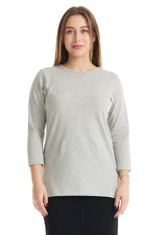 Grey Mix 3/4 Sleeve Relaxed Fit Crewneck T-Shirt for Women-- Striped Floral Plaid