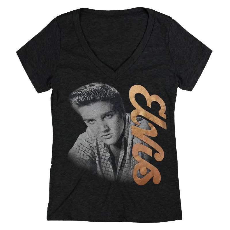 Elvis Script Women's V-Neck T-Shirt-- Rayon Velvet Corduroy