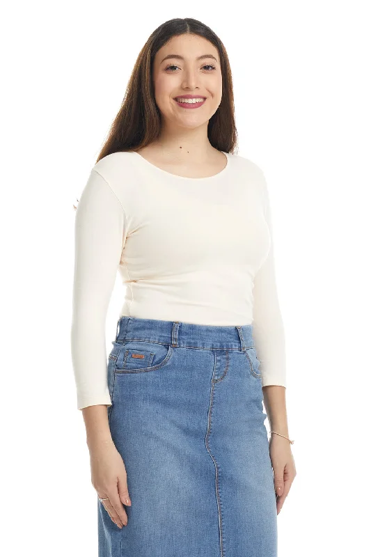 Beige 3/4 Sleeve Snug Fit Cotton Boat Neck Layering Shirt for Women-- Zippered Front Buttoned Front Snap Front