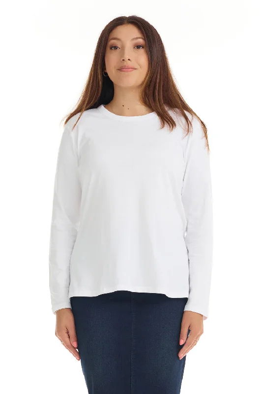 Basic White Long Sleeve Cotton T-shirt Top for Women-- Striped Floral Plaid