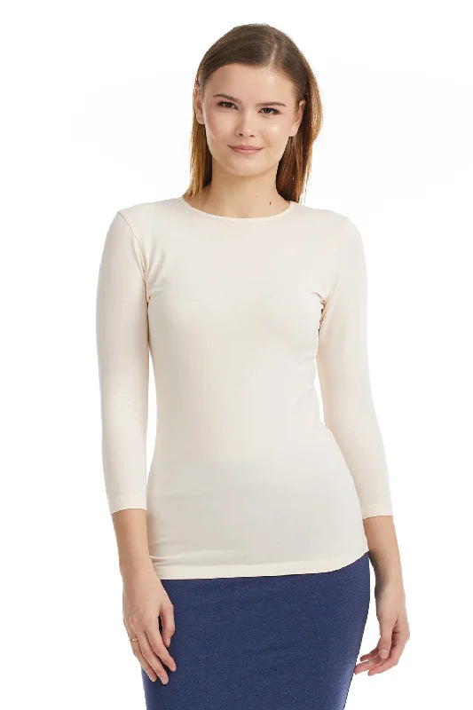 Beige 3/4 Sleeve Snug Fit Layering Cotton T-Shirt Top -- Basic T-Shirt Crew Neck Short Sleeve Beige 3/4 Sleeve Snug Fit Layering Cotton T-Shirt Top -- Basic T-Shirt Crew Neck Short Sleeve