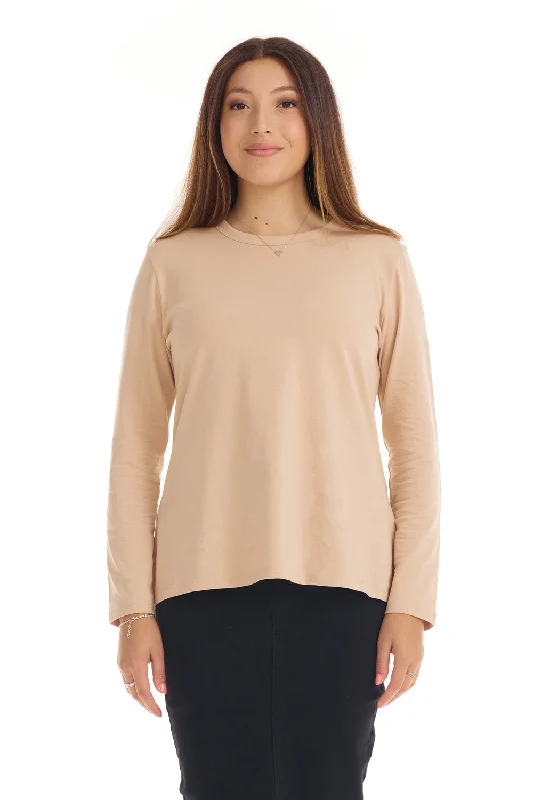 Tan Long Sleeve Cotton T-shirt Top for Women 'B388'-- Nylon Fabric Polyester Fabric Spandex Fabric