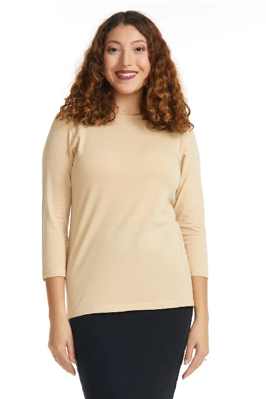 Tan 3/4 Sleeve Relaxed Fit Crewneck T-Shirt for Women-- Wool Fabric Cashmere Fabric Tweed Fabric