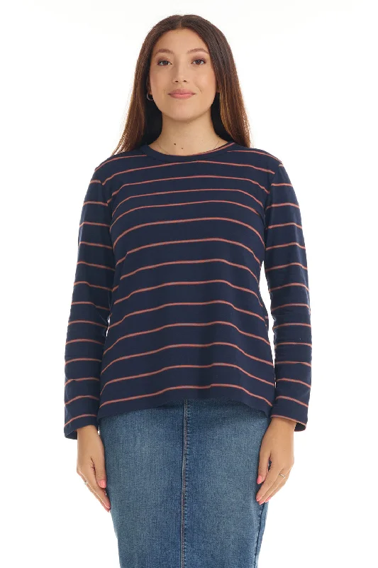 Navy and Orange Striped Long Sleeve Cotton T-shirt Top for Women 'B521'-- Mesh Fabric Canvas Fabric Denim Fabric