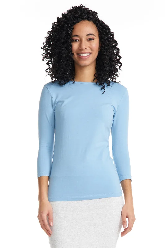 Baby Blue 3/4 Sleeve Snug Fit Layering Cotton T-Shirt Top for Women-- V-Neck T-Shirt Long Sleeve Cotton Baby Blue 3/4 Sleeve Snug Fit Layering Cotton T-Shirt Top for Women-- V-Neck T-Shirt Long Sleeve Cotton