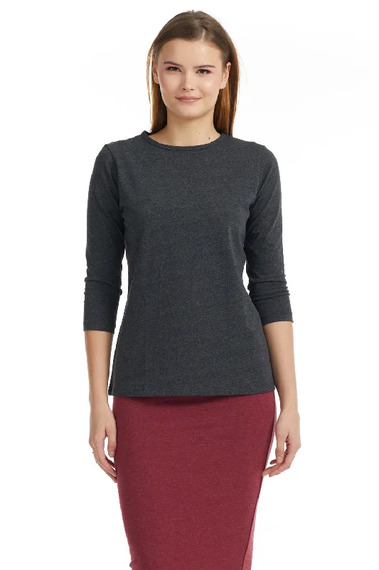Charcoal 3/4 Sleeve Relaxed Fit Crewneck Cotton Shirt for Women-- Print Jacquard Patchwork