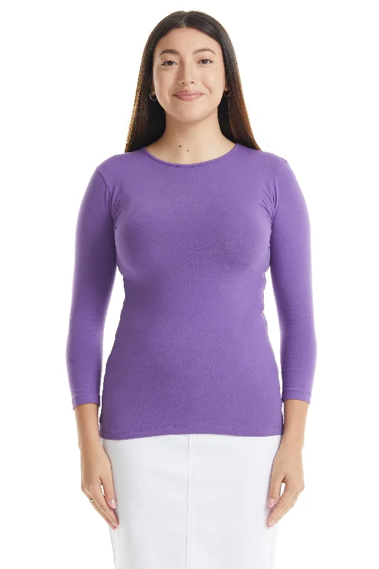 Purple 3/4 Sleeve Snug Fit Layering Cotton T-Shirt Top for Women-- Collared Crew Neck Turtle Neck