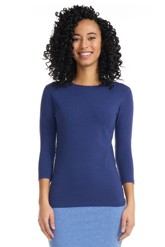 Navy 3/4 Sleeve Snug Fit Layering Cotton T-Shirt Top for Women-- Fleece Fabric Down Fabric Feather Fabric