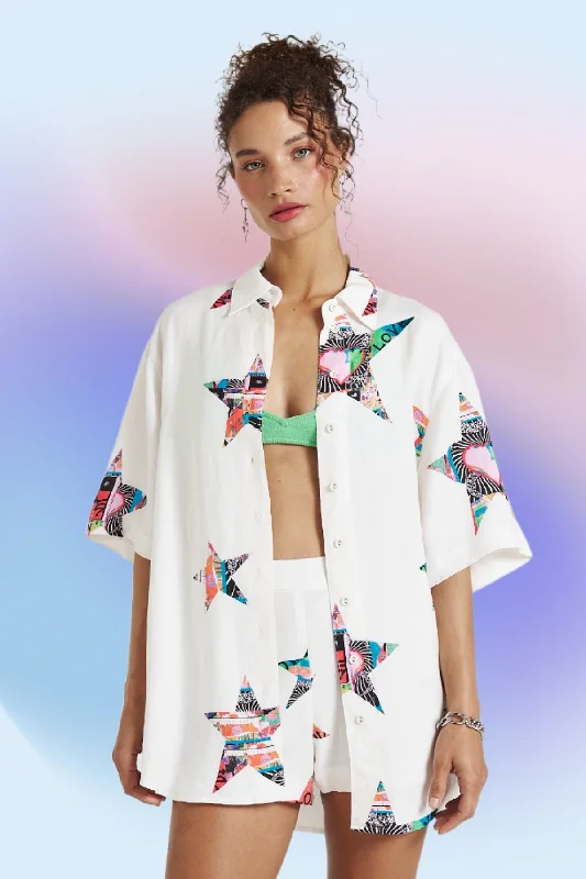 SUMMI SUMMI Womens Big Shirt Linen - Star X Lovers-- Spandex Blend Rayon Blend Denim Blend