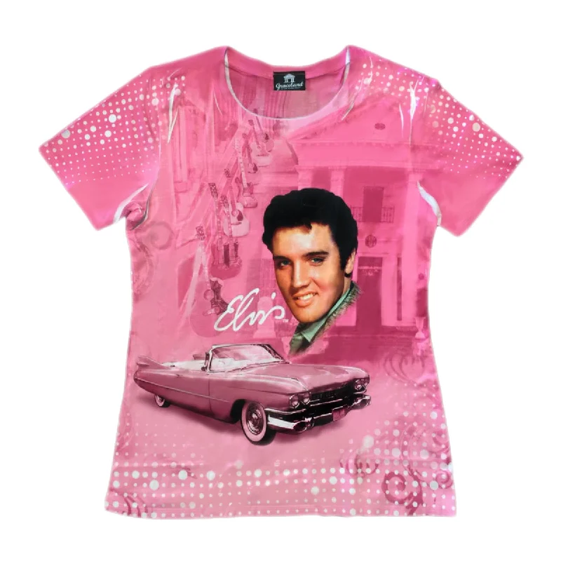 Elvis Presley Pink Classic Car Sublimated Women's T-Shirt-- Collared Crew Neck Turtle Neck