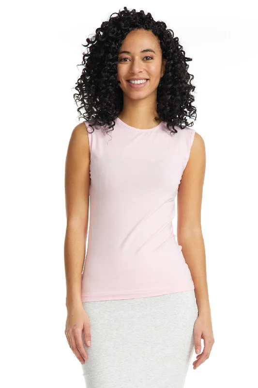 Pink Sleeveless Cotton Crewneck T-Shirt for Women-- Hooded Caped Shawl Collar