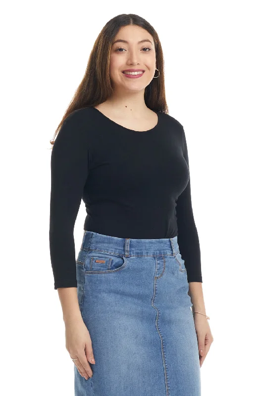 Black 3/4 Sleeve Snug Fit Cotton Boat Neck Layering Shirt for Women-- Terry Blend Velvet Blend Canvas Blend