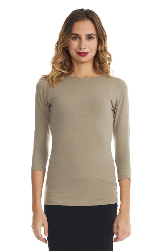 Brown 3/4 Sleeve Snug Fit Layering Cotton T-Shirt Top for Women-- Notch Collar Peter Pan Collar Cowl Neck